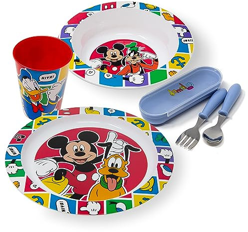 damaloo Geschirrset mit Besteck passend für Mickey Mouse Fans - 5-teiliges Kinder Geschirr Set mit Kinderbesteck - Frühstücksset - Essgeschirr Wiederverwendbar & BPA frei