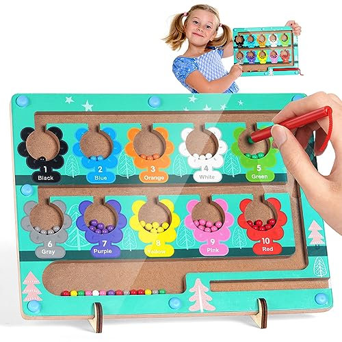 Aolso Magnetic Colour and Number Maze, Magnetic Color Sorting and Number Maze Board, Montessori Wooden Toys Counting Matching Games, Educational Toys Gifts for 3 4 5 6 Year Old Girls Boys (Flower)