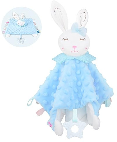 Vicloon Musselin-Schmusetuch, Schmusetuch Hase mit Knisterfolie und Glöckchen, Weich und Waschbar schmusetuch,Plüschdecke 28 x 27 cm-Blau