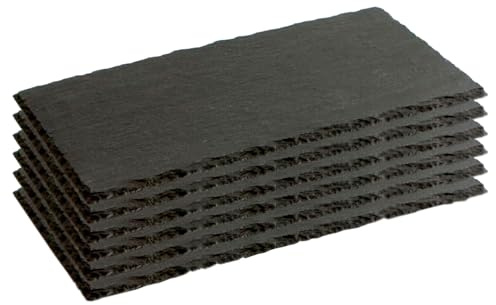 Tradineur - Pack de 6 Platos de Pizarra Rectangular, Bandeja para hosteleria, Servicio y degustación, Canto rústico, Tabla de Piedra Natural para Servir Aperitivos - 32 x 17,5 cm