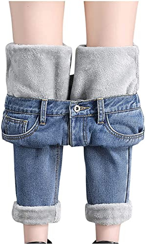 Onsoyours Jeans Femmes Polaire Thermique Doublé Taille Haut Longue Poches Hiver Durable Chaud Bouton Slim Fit Denim Bootcut D Bleu Foncé L