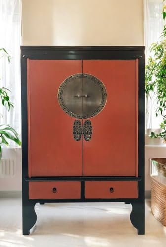 OPIUM OUTLET Chinesischer Hochzeitsschrank Schrank Kommode orientalisch asiatisch Vintage Shabby-chic Stil Kleiderschrank Holz massiv komplett montiert 2-farbig (Black_Rust)