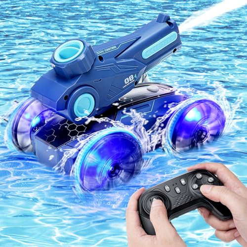 Luckits Auto Control Remoto Anfibio Autor Anfibio Vehículo Acrobacias Auto controlado Radio con Agua Aerosol/luz Control Remoto Control Agua 360 ° Juguete cañón para niños Piscina Tierra césped