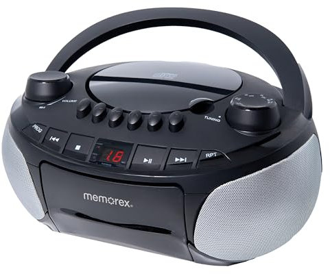 Memorex AM/FM Top Loading CD Player | Portable Stereo with Programmable Memory | Auxiliary Input and LED Display (Black, with Cassette Player)