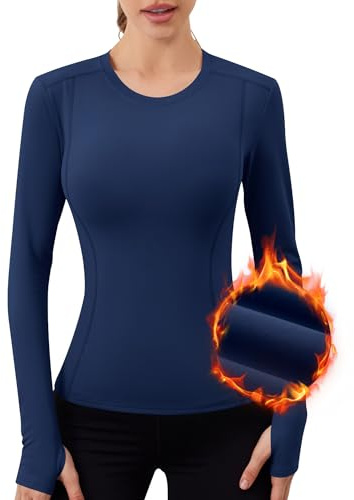 IECCP Plus Size Women Fleece Thermal Long Sleeve Running Shirt Workout Tops Moisture Wicking Winter Athletic Shirts with Thumb Holes Navy Blue XL