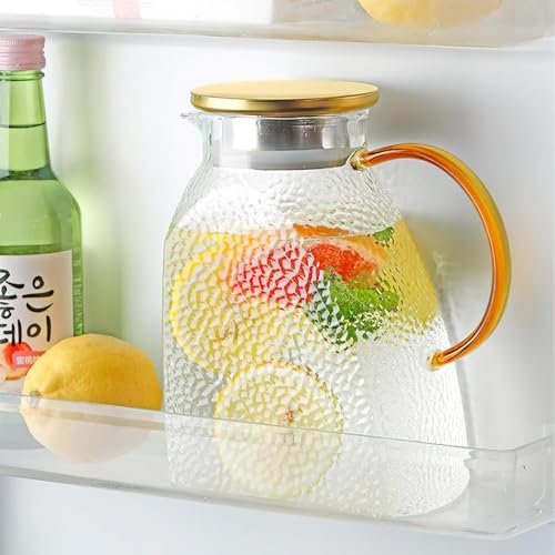 Pichet à eau de 1,8 l avec couvercle, carafe en verre avec couvercle, carafe en verre chaude ou froide résistante à la chaleur, pichet à thé glacé, pichet à jus, pichet de refroidissement, pour les