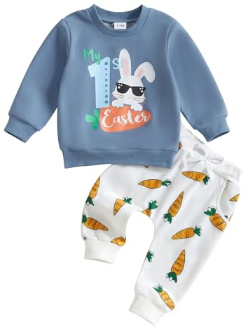 ESSECMBS Ensemble de vêtements 2 pièces pour bébé garçon « Ma première Pâques » - Manches longues - Lettres de lapin - Sweat-shirt - Taille élastique - Pantalon carotte - Automne - Hiver - Pâques,