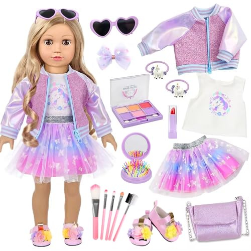 American 18 Inch Doll Makeup Accessories and Clothes Set Includes 18 Inch Doll Clothes and Shoes Bag Makeup Brush Set Foldable Haircomb Eyeshadow Lipstick Bow Hair Clip Sunglasses Hair Rope（No Dolls）