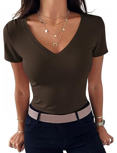 Totatuit Maglietta da Donna con Scollo a V T-Shirt a Maniche Corte Estiva Top Elegante Basic Magliette Tinta Unita Maglia Sexy Aderente Casual | Top basic slim fit, elasticizzato, morbido, elasticizzato, scollo a V, per jeans, gonna, ufficio, estate