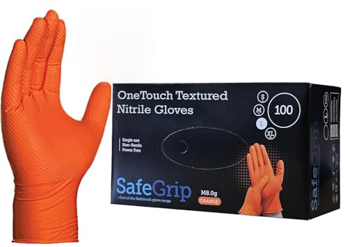 A406 200 Disposable Nitrile Gloves Diamond Textured Orange Glove Powder Free Strong Gloves Heavy Duty for Machanic (Large-9)