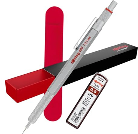 rOtring 600 Mechanical Pencil & Velvet Case & 12 Refills| 0.5 mm | Silver All-Metal Body Propelling Pencil | Non-Slip Knurled Grip & Hexagonal Barrel