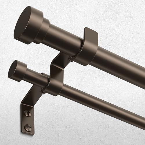 Wolistsa 36-124 Inch Double Curtain Rod, Bronze Modern Heavy Duty Dual Rods | Adjustable Spliced Long Double Curtain Rods for Windows, All Metal, 40 lb Capacity, No Sagging, Aluminum End Cap Finials