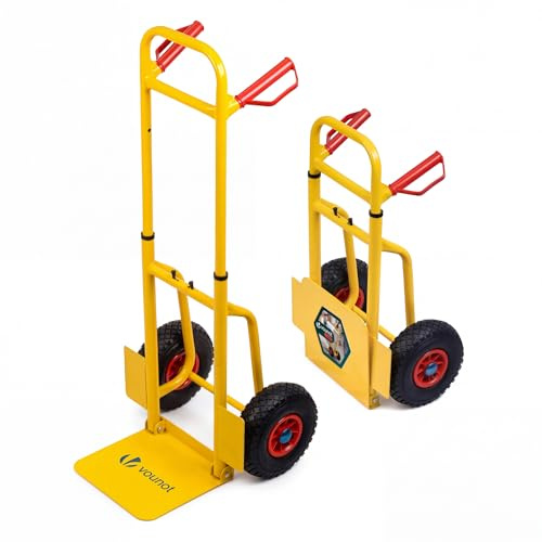 VOUNOT® Carretilla de Mano Plegable Carga hasta 200Kg Estructura Extensible Carro Mudanza Asa Protectoras Carrito de Transporte Portátil 2 Ruedas Neumáticas Pala Plegable para Reparto Almacén Amarillo