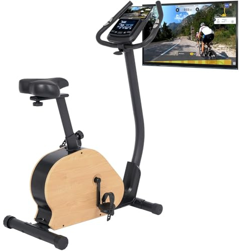 Skandika Vélo d'appartement Treliv P8 | Ergomètre en fer et bois, frein magnétique à 32 niveaux, écran LED, 22 programmes, selle et guidon réglables, compatible avec Kinomap, max 120 KG