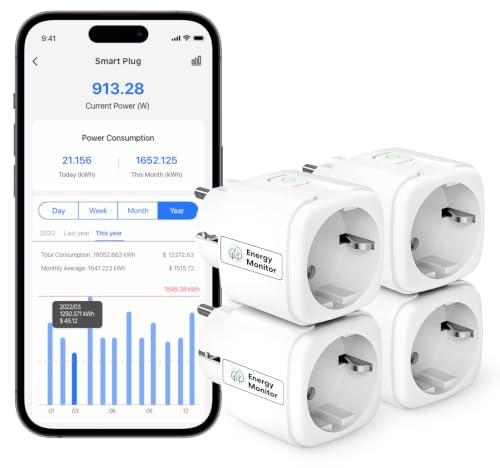 Meross Wifi smart uttag med mätning av elförbrukning och timer | Smart fjärrkontrolluttag med energispårning, kompatibel med Alexa och Google Home, röststyrning och smart hem, 16A, 4 stycken