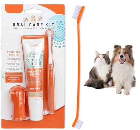 Hwanme Dog and Cat Dental Care Kit,Toothbrush & Toothpaste Dental Care Kit for Cats Dogs Helps Control Plaque Tartar to Clean Pet's Teeth
