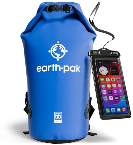 Earth Pak -Waterproof Dry Bag - Roll Top Dry Sack Keeps Gear Dry for Boating, Hiking, Camping and Fishing with Waterproof Phone Case (Blue, 55L)