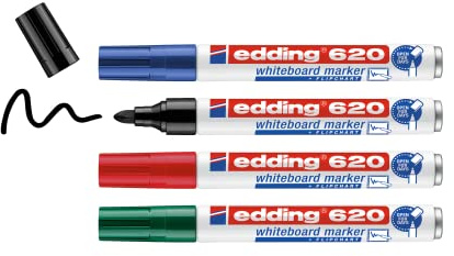 edding 620 Marcador para pizarras blancas, multicolor, 4 bolígrafos, punta redonda de 1,5 a 3 mm, fieltro borrable para pizarras blancas, magnéticas, notas y caballete de conferencia, recargable