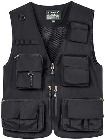 KTWOLEN Homme Gilet de Pêche Multi-Poches Gilets Léger Respirant à Séchage Rapide Gilet de Photographe Camping Chasse Gilet Extérieur sans Manche avec 15 Poches, Noir, 4XL
