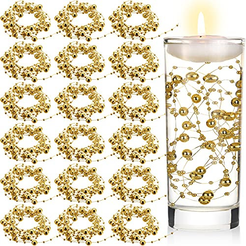 Hicarer 157 Feet 24 Strings Pearl String for Floating Candles Highlight Faux Pearl as Vase Filler Ideal for Wedding Party Garland Home Table Centerpieces Decor(Gold)