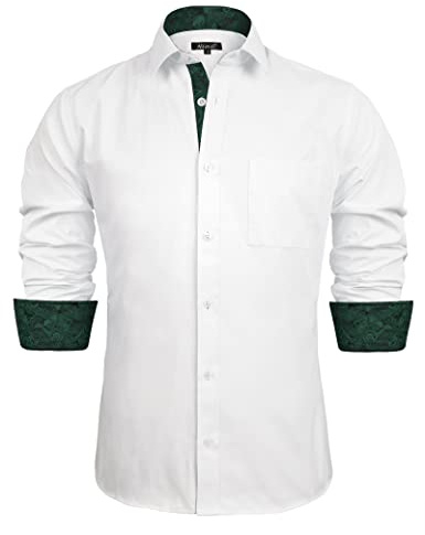 Alizeal Mens Business Slim Fit Dress Shirt Long Sleeve Patchwork Button Closure Shirt, White+Dark Green-L