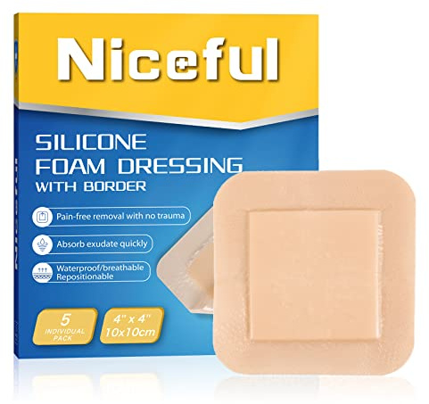 Niceful Silicone Foam Dressing 4x4, Waterproof Silicone Bandages with Border Adhesive, High Absorbency Bed Sore Bandages Wound Care Dressing (2.5X2.5 Pad), 5 Packs, FSA HSA Eligible