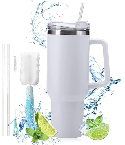 Taza de Café con Tapa Para Coche,Vasos Termicos Cafe Para Llevar con Asa,Taza con Pajita Y Asa, Taza Aislada al Vacío, Taza de Viaje de Acero Inoxidable,Sin Bpa,Mug Termo,Taza de Viaje(1200ml)