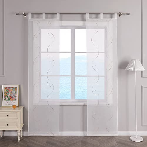 ESLIR Skjutgardiner voile ytgardiner set om 2 skjutgardiner vardagsrum gardiner med öglor transparent gardin broderad sand B x H 57 x 175 cm, 2 stycken