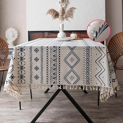 Farmhouse Wipeable Tablecloth Vinyl Waterproof Coating Spill-Proof Table Cover Cotton Linen Backing Slip Resistant Tabletop Kitchen Party Table Décor White Blue Boho Rectangle, 55×86(6-8 Seats)