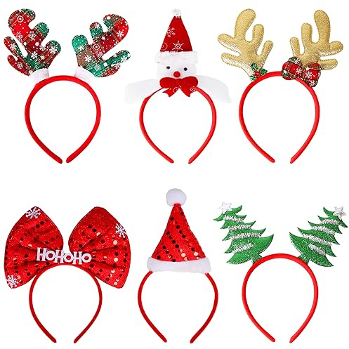 KEYIDO 6 Pack Christmas Headbands, Christmas Party Hat Snowman Christmas Tree Reindeer Antlers Novelty Fancy Dress Costume Headwear Hairband for Kids Adults, Xmas Holiday Party Favors