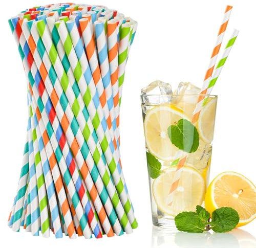 100PCS Strohhalme Papier, Streifen Biologisch Abbaubare Bunte Trinkhalme, für Geburtstag, Hochzeiten, Party, Weihnachten