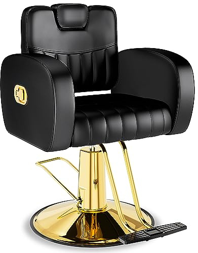 Baasha Black & Gold Reclining Salon Chair - All Purpose Hydraulic Barber Chair with Removable Headrest - Comfortable Styling Chair for Makeup, Lash, Tattoo, Braiding & Shaving, 440 lbs Cap.