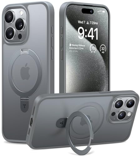 TORRAS Ostand Weltneuheit für iPhone 15 Pro Max Hülle für MagSafe (Nr.1 Magnetkraft, Stabilster Ständer, Militärischer Schutz) Stoßfest Handyhülle iPhone 15 Pro Max Case Schutzhülle All-in-One Grau