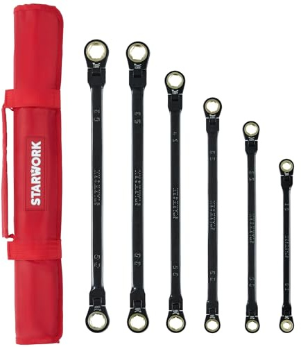 STARWORK True Mechanic™ 6-Piece 120T SAE&Metric, Flex-Head Double Box End, Extra Long Ratcheting Wrench Set, with Roll-Up Pouch Bag