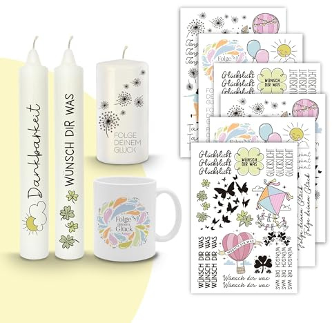MilaBoo® Velas tatuajes 6 x A5 I DIY pegatinas para ocasiones especiales fácil aplicación I Lámina deslizante de agua para velas I Pegatinas premium para velas (felicidad y gratitud-A5)