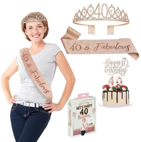Bday® Kit de Cumpleaños para Mujer de 40 Años | Bufanda de Miss Oro Rosa | Tiara Corona con Strass | Velas Número 40 | Accesorio de Fiesta | Adornos de Cumpleaños para Niña | OriginalCorner®