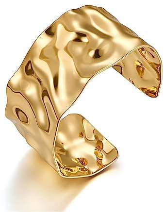 HolidayQbee Pulsera Cuff Dorada Para Mujer, Brazalete Abierto De Gran Ancho Con Ondas Orgánicas, Acabado De Larga Duración, Aporta Carácter A Cualquier Outfit
