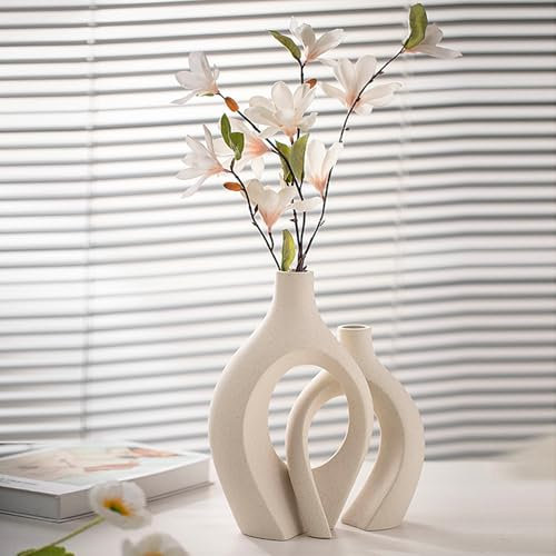 Vaso Decorativo da Interno, SUKIYPO Aggiornato Set di 2 Vaso Cavi in Ceramica, Moderno Beige più Grande Vasi per Nordico, Vasi di Fiori Estetici Boho Rotondi per Casa