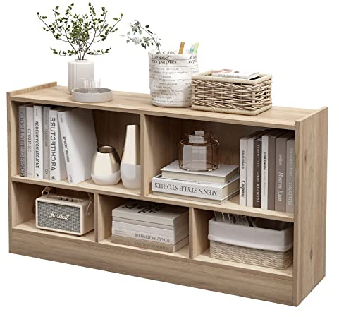 GYMAX Libreria Bassa in Legno, 2 Livelli, 5 Scomparti, Deposito Classificato, Ideale per Soggiorno, Studio ed Ufficio, Stile Moderno, 112 x 30,5 x 61 cm (Naturale)