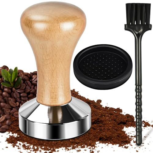 YOUNGSAY Tamper 51mm, Tamper mit Holzgriff, Kaffee Tamper mit Silikonmatte und Bürste, Edelstahl Espresso Tamper für Familie und Cafes (Helle Holzfarbe)