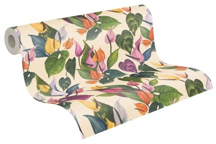 Livingwalls Anna D'Andrea fibertapet blommig 10,05 m x 0,53 m – kräm, grön, rosa, färgglad – tapetblad – 782101