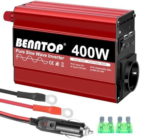 BENNTOP 400W Wechselrichter 12v auf 230v Spannungswandler Reiner Sinus mit EU Buchse, Typ-C, USB Anschluss,Stromwandler Auto Adapter mit Zigarettenanzünder für iPhone, iPad, Tablet