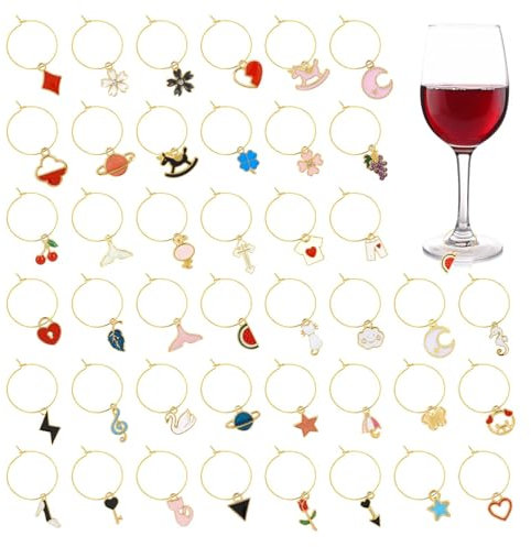 OOTSR 40Pz Segna Bicchieri Calici, Segnabicchieri Charms Riutilizzabili per Bicchiere di Vino, Colorati Identificazione Tag con Fibbia, Marcatori di Ciondoli per Feste Degustazione Decorative, Oro