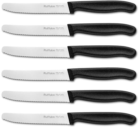 Ruffulon Tomato Knife Set (6 Piece), Sturdy and Durable Kitchen Knives, Sharp Knife, Serrated Edge Utility Knifes, Serrated Knives with Black Plastic Handle, Dishwasher Safe