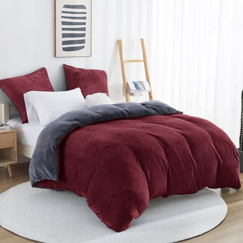 Viviland Ropa de cama de invierno de 135 x 200 cm, juego de funda nórdica para 1 funda de almohada de 80 x 80 cm, color rojo burdeos, ropa de cama de terciopelo de forro polar - cálida funda de