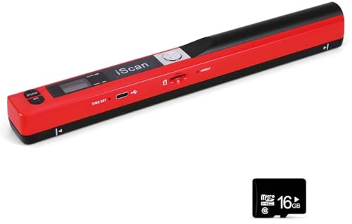 AOZBZ Portable Document Scanner - 900DPI Handheld Portable Scanner Image Scanner Scanning Wand A4 Colour Photo Mobile Scanners Handy Scan, JPG/PDF Format, with 16G SD Card (Red)
