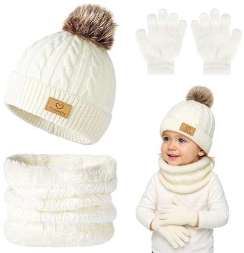Winmany 3PCS Kids Winter Hats Gloves Scarf Set Toddler Fleece Neck Warmer Beanie Hat with Pom Knit Mittens Set for Girl Boy (White)