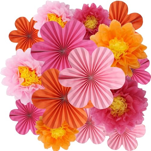 CUVZORA Lot de 15 éventails en papier et fleurs en papier - Décoration de fête - Couronne à suspendre - Rose orange - Décoration de fleurs en papier pour fêtes, mariages, anniversaires, fêtes de