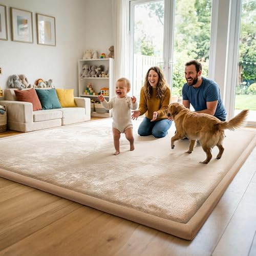 AEOCOO Krabbelmatte Baby 150x200 cm – 3,3 cm extra Dicke Krabbeldecke & Spielmatte aus Schaumstoff, rutschfest, für Laufgitter, Wohnzimmer Kinderteppich, Beige
