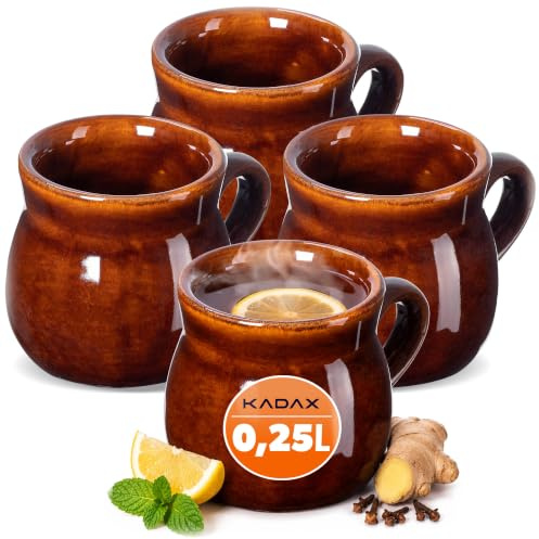 KADAX Juego de 4 vasos de barro, 250 ml, tazas de cerámica con asa para vino caliente, hidromiel y té, taza de cerámica hecha a mano, taza de Navidad, taza de vino caliente de arcilla